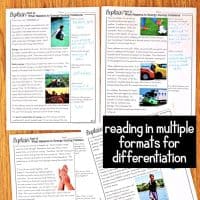 Four worksheets from the "Transfer of Energy 5E Science Unit Plan for Fourth Grade | 4-PS3-2" display text, images, and handwritten notes on a wooden surface. A black label says, “reading in multiple formats for differentiation.”.