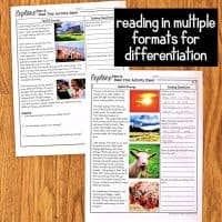 Two worksheets from the Transfer of Energy 5E Science Unit Plan for Fourth Grade (4-PS3-2) featuring text, images, and guiding questions are on a wooden surface. Overlay text reads: reading in multiple formats for differentiation.