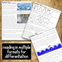 Three "Energy of Conversions" 5E Science Unit Plan worksheets for 4th grade (4-PS3-4) are spread on a wooden surface, featuring text, diagrams, and photos. A black box reads “reading in multiple formats for differentiation.”.