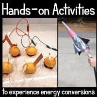 Split image: Left shows lemons with wires in a science project; right shows a hand holding a homemade rocket. Text: Explore energy conversions with the Energy of Conversions 5E Science Unit Plan for Fourth Grade | 4-PS3-4.