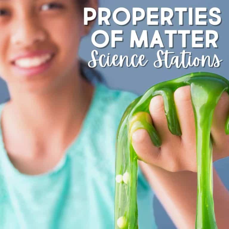 A child in a teal shirt holds green slime, demonstrating Properties of Matter. The text reads Properties of Matter Science Stations against a blurred background.