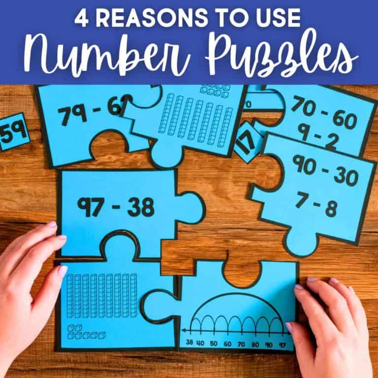 Hands arranging blue number puzzle pieces with math problems, diagrams, and ten-frame graphics on a wooden surface show why you should use number puzzles. Text above reads 4 Reasons to Use Number Puzzles.