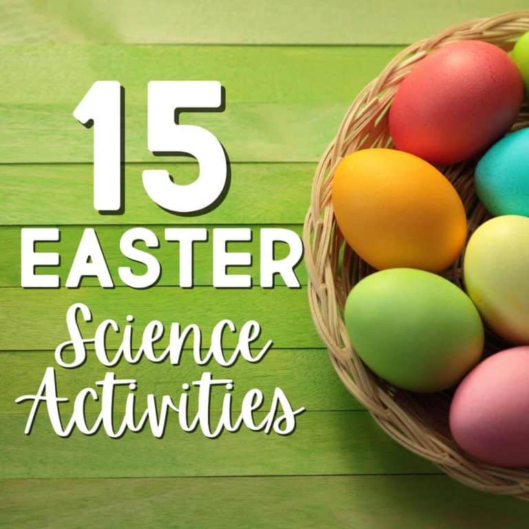 A basket of colorful Easter eggs sits on a green wooden surface next to the text “15 Easter Science Experiments” in bold white letters.