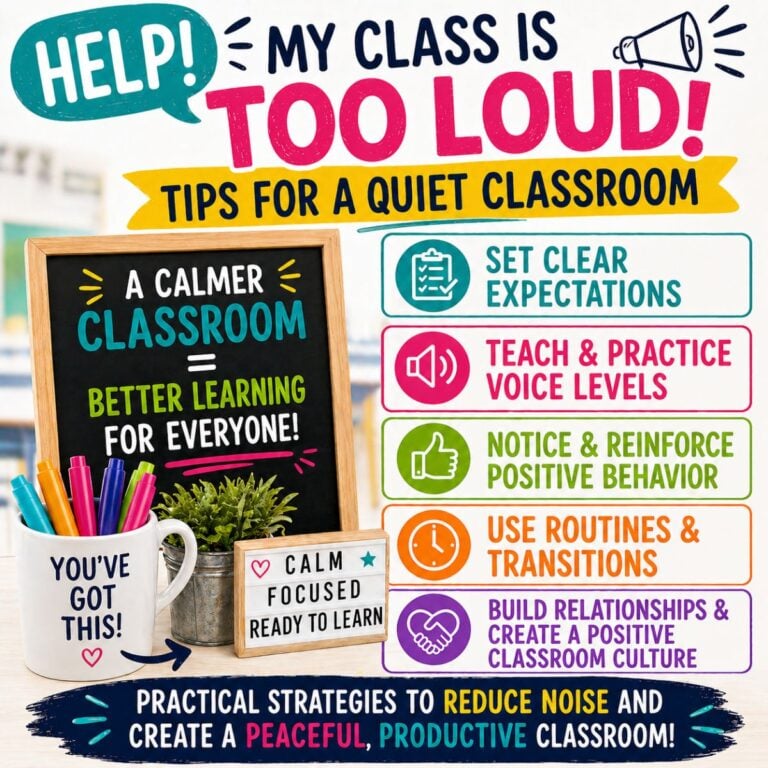 The My Class is Too Loud - Quiet Classroom infographic offers tips for a quieter room, like setting expectations, teaching voice levels, using routines, and building relationships. Features clipboard and pens plus advice to help keep students quiet.