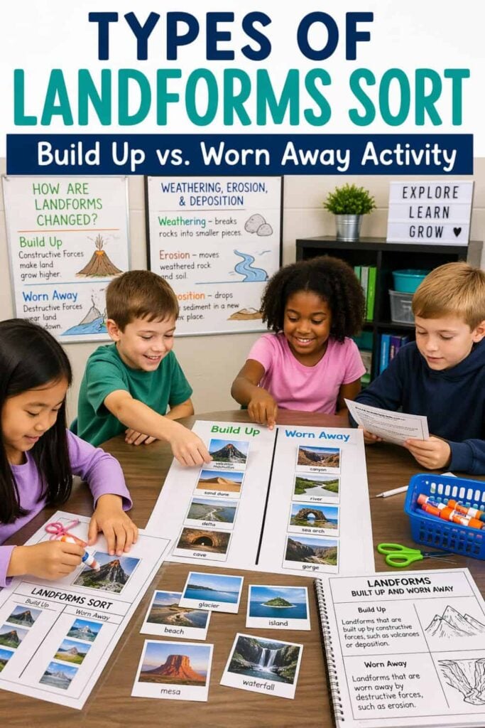Four elementary students use the PIN Types of Landforms Sort, organizing cards under &ldquo;Build Up&rdquo; and &ldquo;Worn Away&rdquo; categories at a table, with classroom posters about landforms and erosion visible in the background.