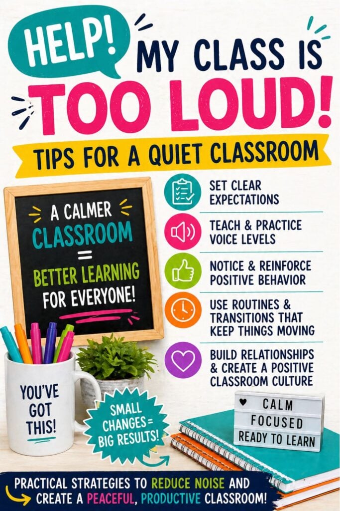 The PIN help-my-class-is-too-loud-tips-for-a-quiet-classroom infographic features tips for a quiet classroom, such as clear expectations, routines, relationship-building, and positive reinforcement, paired with engaging school-themed icons.