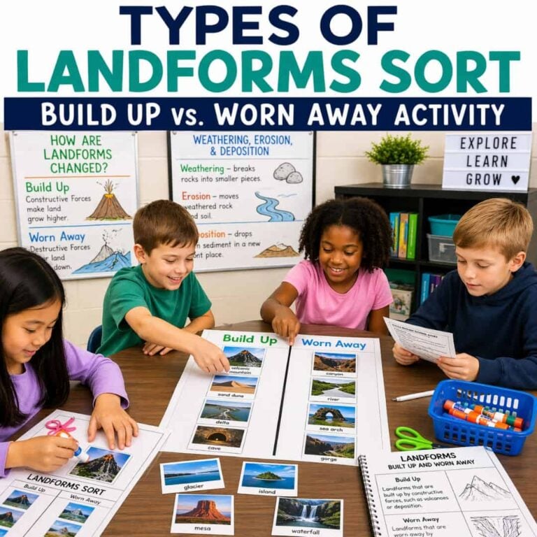Four elementary students use the SQUARE Types of Landforms Sort, placing photo cards into “Build Up” or “Worn Away” columns, with a vibrant classroom landforms display in the background.
