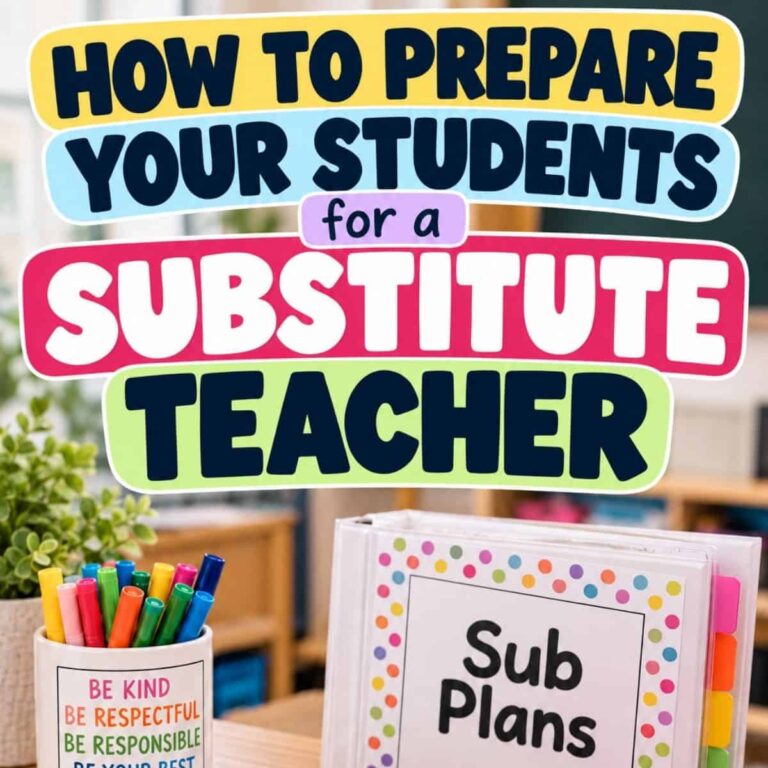 A classroom displays a sign: Student Expectations with a Substitute Teacher (2). On the desk are a binder labeled Sub Plans and a cup of markers.