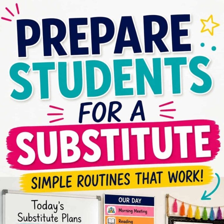 Bold, colorful text reads: Student Expectations with a Substitute Teacher (4). Simple routines that work! Below, a whiteboard says Today's Substitute Plans, with the classroom schedule displayed next to it.