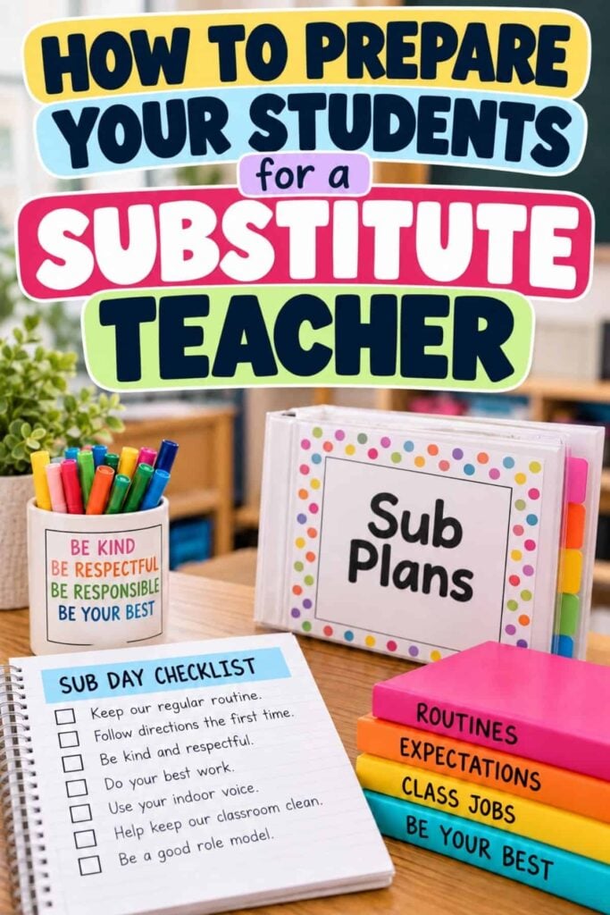 How to Prepare Your Students for a Substitute Teacher 1 Bright classroom scene with signs reading Student Expectations with a Substitute Teacher. Includes sub plans, checklist, markers in a Be Kind cup, and books on routines, expectations, and class jobs.