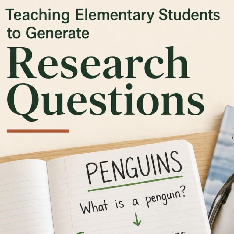 An open notebook displays a page titled “PENGUINS” with the question “What is a penguin?” below it. Above, the text reads: Teach students to generate research questions, emphasizing how formulating research questions can help elementary students achieve deeper exploration and understanding.