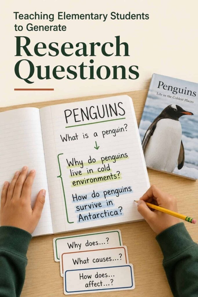 Teaching Elementary Students to Generate Research Questions 1 A student uses the “Teach students to generate research questions PIN” to write research questions about penguins in a notebook, with a penguin book nearby. Prompts like “Why does…?” and “How does… affect…?” from the PIN are on the desk to help generate thoughtful questions.