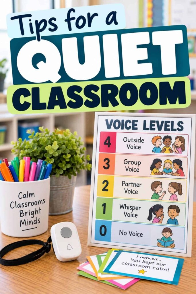 Is Your Class Too Loud? 8 Tips for a Quiet Classroom 1 A classroom desk holds colorful pens, a Calm Classrooms Bright Minds sign, a small device, cards, and the Tips for a quiet classroom Voice Levels chart featuring illustrated children.