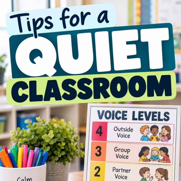 A sign reading Tips for a quieter classroom with a voice levels 1-4 chart offers ways to keep students quiet; a plant, pencil cup, and decor add to the classroom scene.