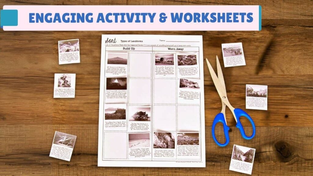 The Types of Landforms Worksheet Sort is on a wooden table, surrounded by sort cards and blue-handled scissors. A banner at the top reads Engaging Activity & Worksheets.