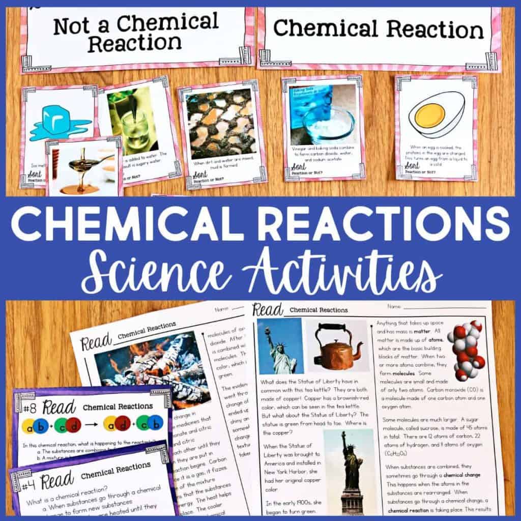An educational display about chemical reactions, featuring headers &ldquo;Not a Chemical Reaction&rdquo; and &ldquo;Chemical Reaction,&rdquo; illustrated cards, and worksheets about chemical reactions and engaging science activities.