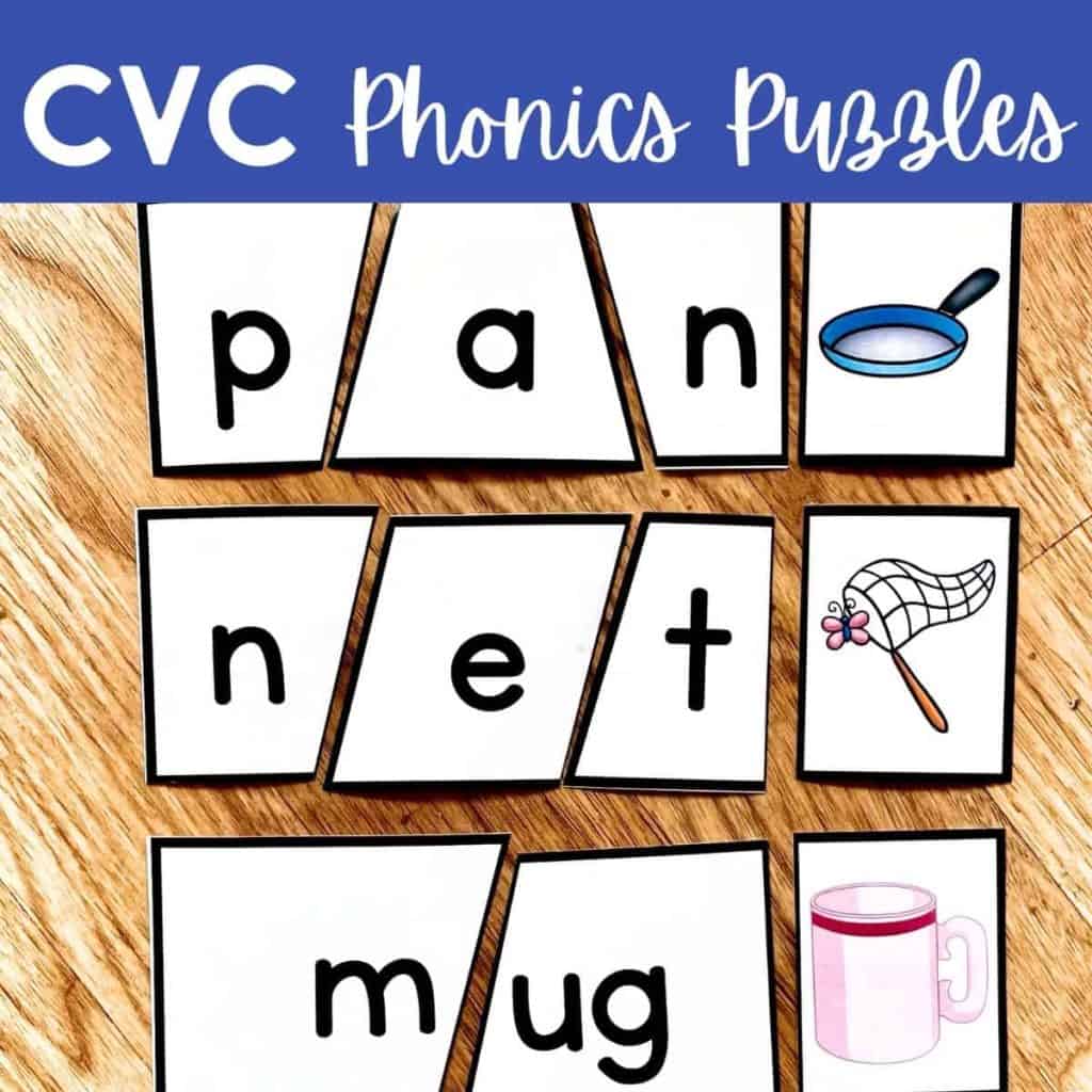CVC Phonics Puzzles feature cards spelling pan, net, and mug. Each word is split into three pieces, with images of a pan, a net, and a mug shown next to its matching word for interactive phonics fun.