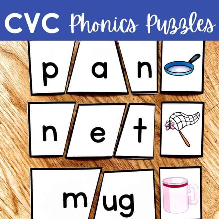 CVC Phonics Puzzles feature cards spelling pan, net, and mug. Each word is split into three pieces, with images of a pan, a net, and a mug shown next to its matching word for interactive phonics fun.