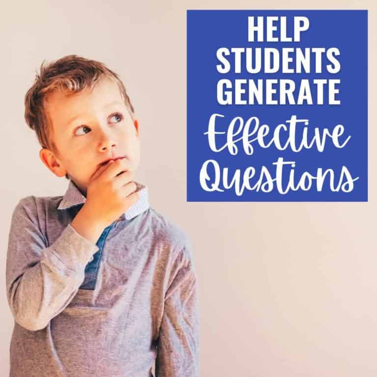 A young boy with light brown hair looks thoughtful with his hand on his chin. Next to him, a blue box contains white text: Help students learn how to generate questions for research projects.
