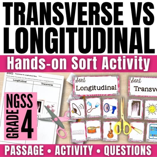 Grade 4 science Types of Waves Sort educational poster, comparing transverse and longitudinal waves. Includes images to sort, labeled cards, and text highlighting passage, activity, and questions. Product Name: image.
