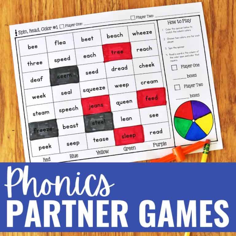 A printable Phonics Partner Games sheet featuring a word grid with red, blue, green, and purple squares, a color spinner, and two orange markers. The text "Phonics Partner Games" appears at the bottom.