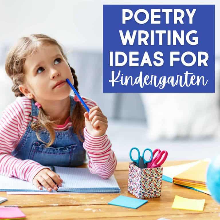 A young girl sits at a table, holding a pencil to her chin while looking up thoughtfully. Surrounded by school supplies, she contemplates Poetry Writing Ideas for Kindergarten.