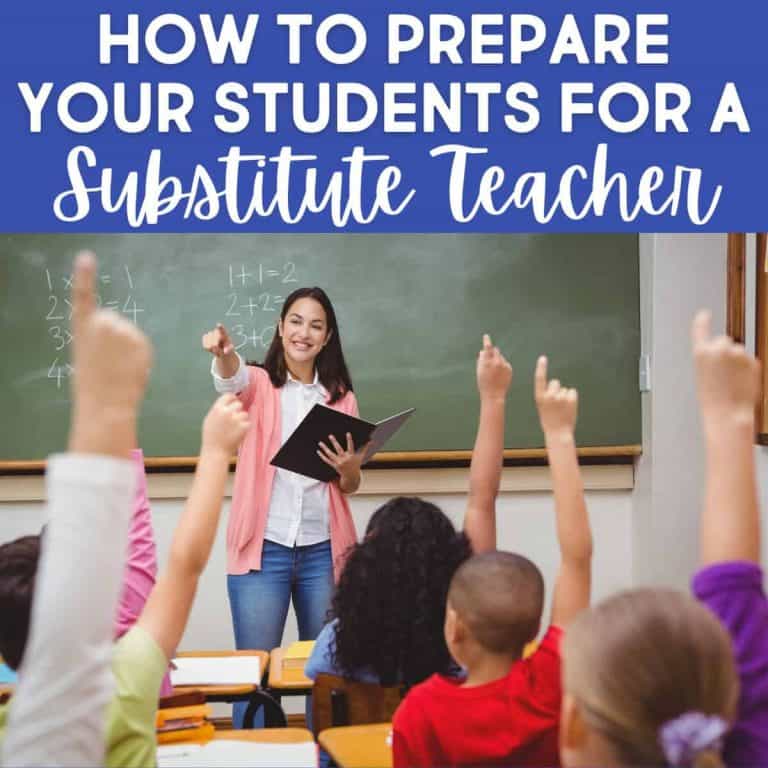 A smiling teacher stands at the front of a classroom, holding a folder and pointing as several students raise their hands. Text above reads, How to prepare your students for when they have a Substitute Teacher.