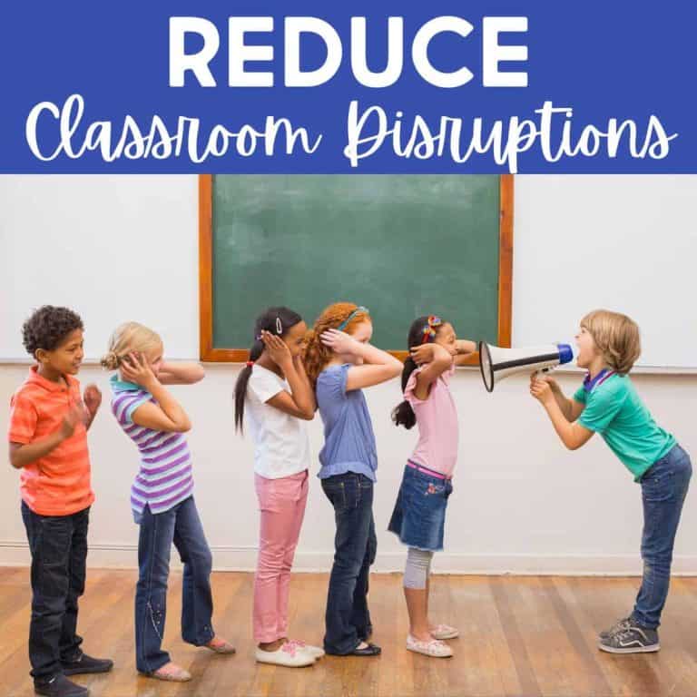 Five children stand in a classroom, covering their ears as another child shouts into a megaphone. Above them, the text reads “Reduce Classroom Disruptions,” highlighting the impact of classroom disruption. A chalkboard hangs on the wall behind them.