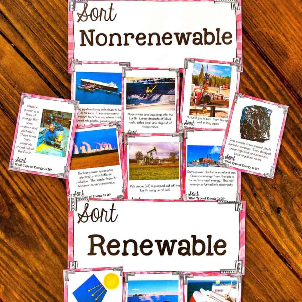 A renewable and nonrenewable resources sort activity with labeled cards helps groups identify energy sources. Each set includes pictures and facts about different types, all arranged on a wooden surface for interactive learning.