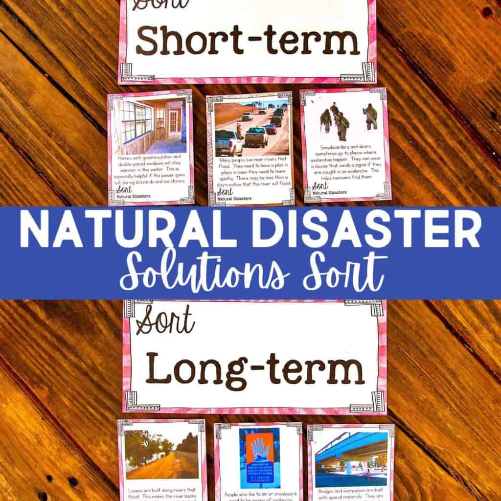 A set of cards featuring Solutions to Natural Disasters for sorting into Short-term and Long-term categories, displayed on a wooden surface with bold text labels dividing the two groups.