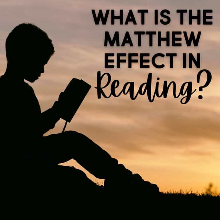 Silhouette of a child sitting outdoors reading a book at sunset, with the text "What is the Matthew Effect in Early Reading?" displayed beside the child.