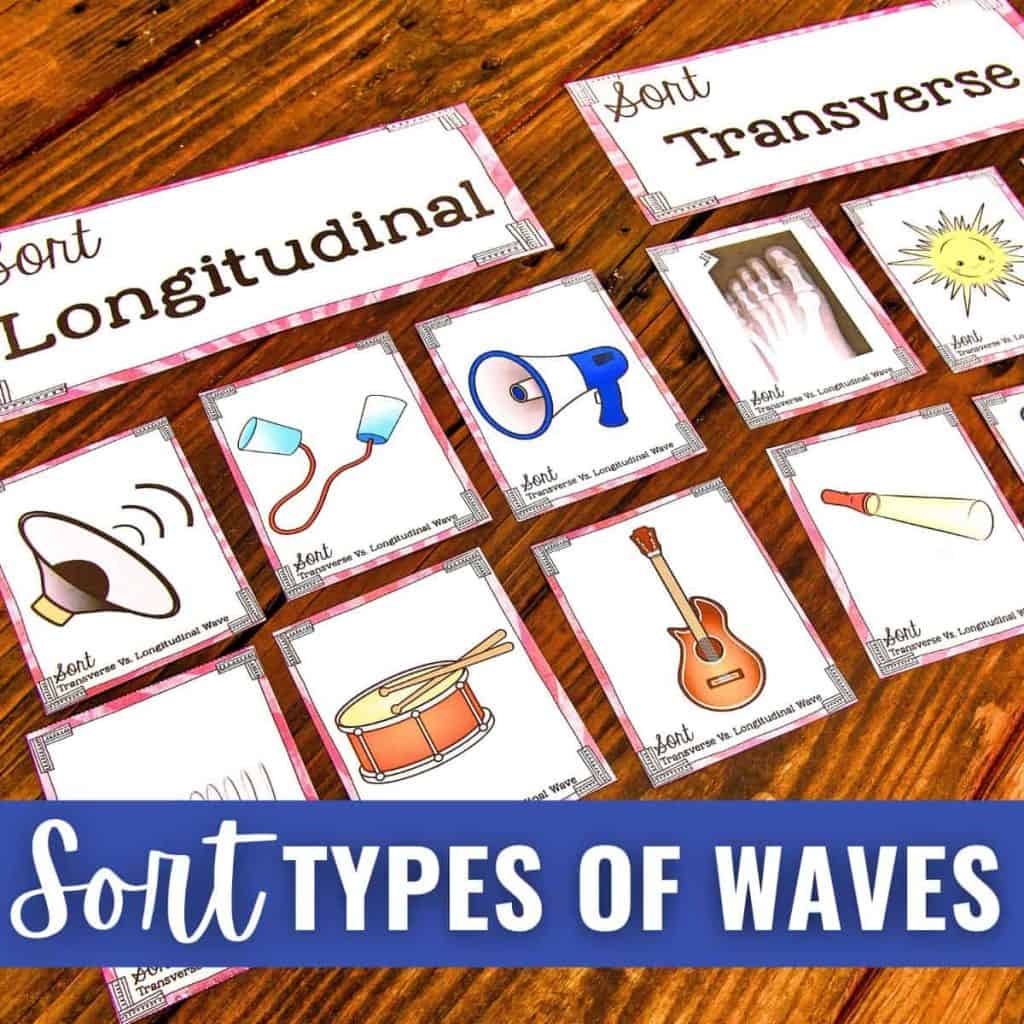 A set of illustrated cards for a Types of Waves Sort, featuring images like drums, guitars, megaphones, and light bulbs, arranged on a wooden table under the Sort Types of Waves text.