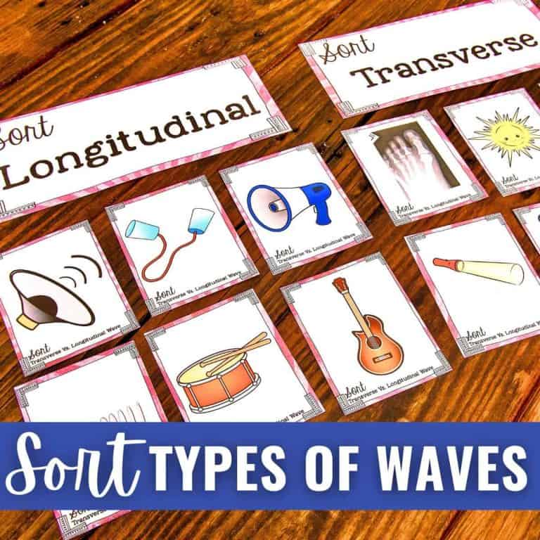 A set of illustrated cards for a Types of Waves Sort, featuring images like drums, guitars, megaphones, and light bulbs, arranged on a wooden table under the Sort Types of Waves text.