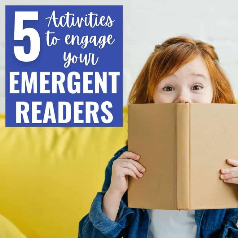 A young red-haired girl holds an open book in front of her face, sitting on a yellow couch. Text beside her reads, 5 engaging activities for emergent readers.