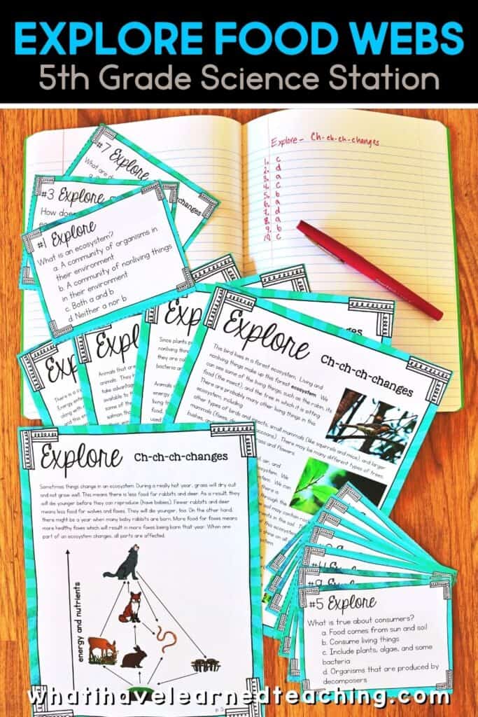Fifth grade science stations all about Food Webs. These science centers follow the Next Generation Science Standards (NGSS) with hands-on activities, videos, games, experiments, and more! Includes reading passages, differentiated questions, engaging activities that make science planning easy! Students learn about decomposition, ecosystems, producers and consumers and more!