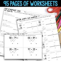 A set of black-and-white math worksheets for kids is shown, featuring addition problems. The text at the top reads 95 Pages of Worksheets. Scissors and colored pencils are partially visible on the side.
