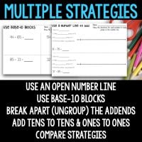 An educational graphic titled “Multiple Strategies” shows worksheets and a list of math strategies: use an open number line, use base-10 blocks, break apart addends, add tens and ones, and compare strategies.