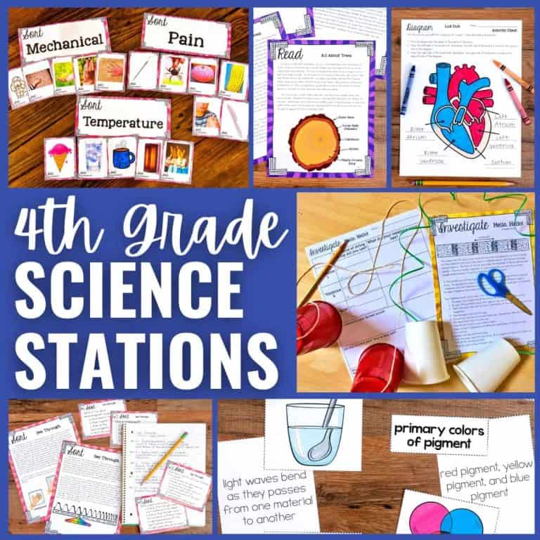 Collage of colorful science activity sheets and materials for fourth grade science, featuring topics like mechanical pain, temperature, investigations, reading, pigment colors, and simple labs. Bold text: 4th grade SCIENCE STATIONS. Perfect for your fourth grade science curriculum!.