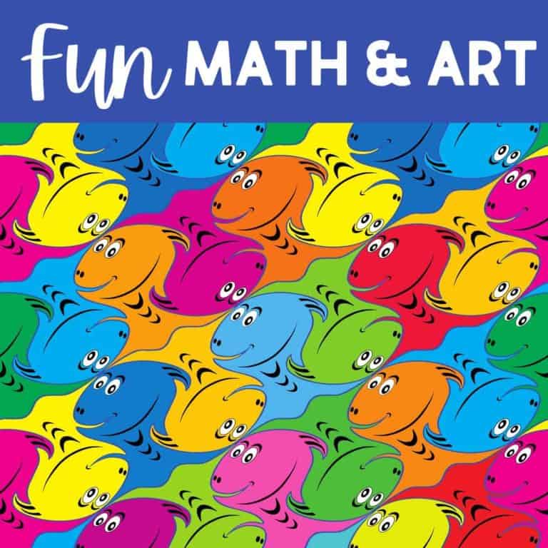 Colorful, overlapping fish tessellation in blue, yellow, orange, pink, and green on a white background. At the top, a blue banner reads Fun Math & Art in bold white letters—highlighting creative art and math connections.