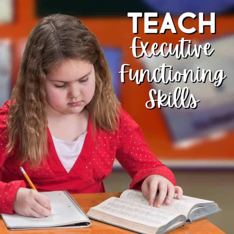 A young girl with long brown hair sits at a desk, writing in a notebook and looking at an open book. Text on the image reads: Teach executive functioning skills for student success.