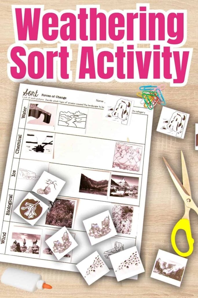 The weathering sort activity worksheet has columns for Water, Chemical, Biological, and Wind with small images to sort. Scissors, glue, and a crayon are on the table. The text "Forces of Weathering Sort Activity" appears at the top.
