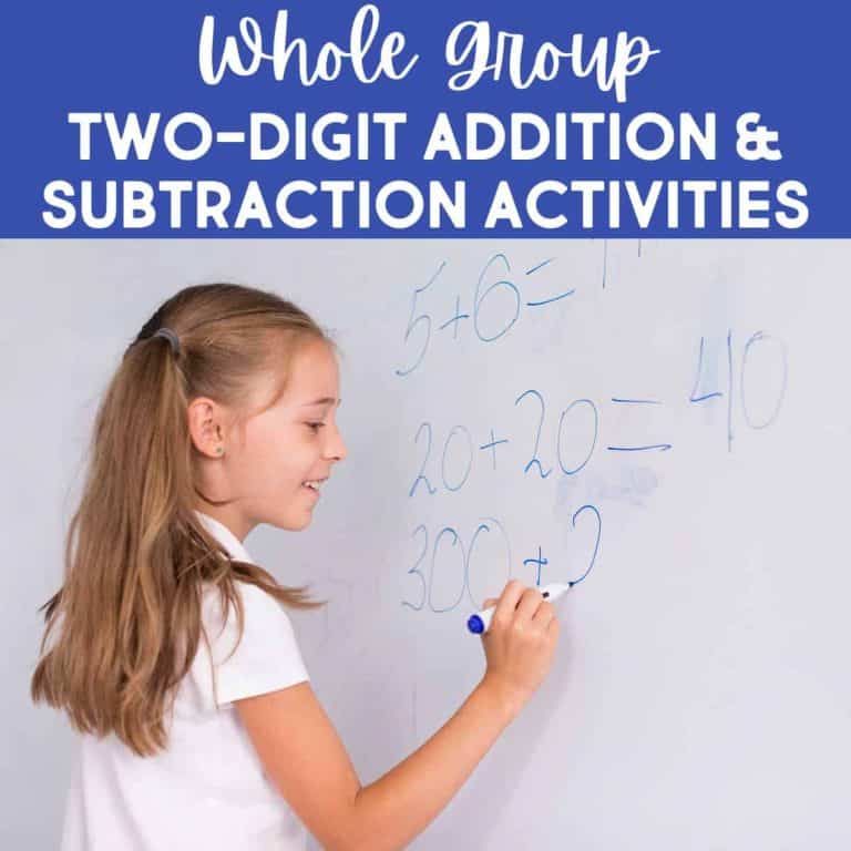 Young girl writes math problems on a whiteboard with a blue marker. The text above reads: “Whole Group Two-Digit Addition and Subtraction Activities.” Perfect for engaging students in Two-Digit Addition and Subtraction practice.