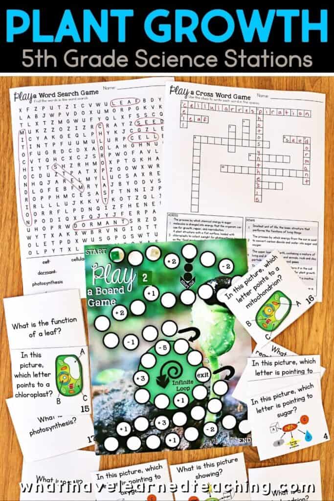 Fifth grade science stations all about plant growth. These science centers follow the Next Generation Science Standards (NGSS) with hands-on activities, videos, games, experiments, and more! Includes reading passages, differentiated questions, engaging activities that make science planning easy! Students learn about photosynthesis, what plants need to grow, plant cells, and more!