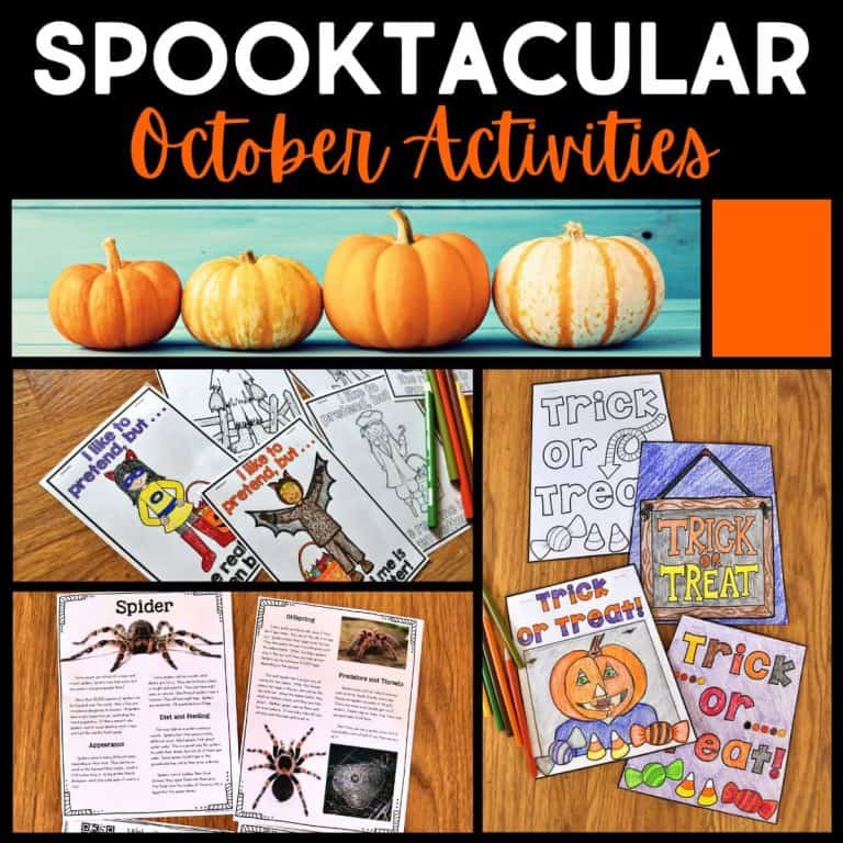 Collage with “Spooktacular October Activities” text, pumpkins on a shelf, Halloween coloring pages, illustrated Trick or Treat cards, and an educational spider info sheet—perfect October activities for students—on a wooden surface with colored pencils.