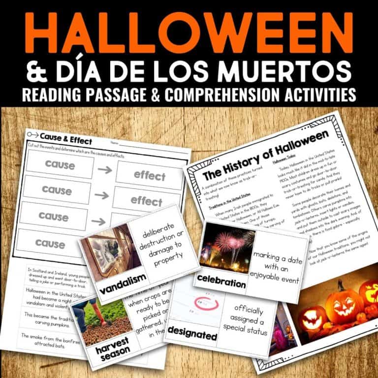 Image showing Halloween & Día de los Muertos Reading Passage & Comprehension Activities. Worksheets include cause and effect, vocabulary cards (vandalism, harvest season), and a kid-friendly history of Halloween with pumpkin photos.
