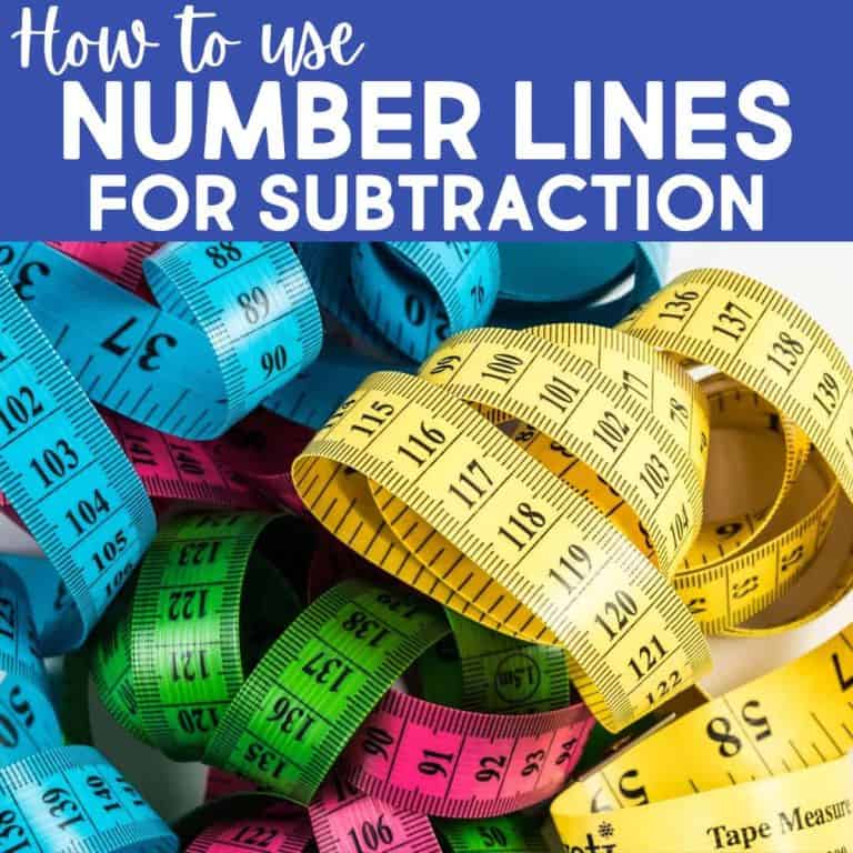 A pile of colorful measuring tapes—yellow, green, blue, and pink—sits below the bold text “How to use NUMBER LINES FOR SUBTRACTION,” introducing helpful number line strategies for subtraction.