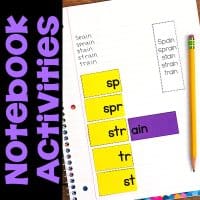 A notebook page with “Notebook Activities” in bold purple on the left and Onset and Rime Matching Cards (yellow/purple) forming words like “Spain,” “sprain,” etc. Pencil included. Product: Word Family Flip Cards & Word Lists.