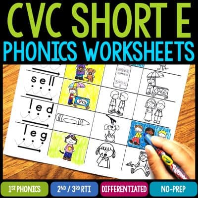 cvc short e phonics worksheets cover