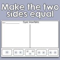 The Equal Snowflakes - Exploring Equality and Balancing Visual Equations worksheet features a box split in half labeled "Equal Snowflakes," plus five cut-out boxes below, each with a simple snowflake illustration.