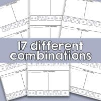 Five worksheets from "Equal Snowflakes - Exploring Equality and Balancing Visual Equations" are displayed in a fan shape. Each sheet features snowflake boxes, dividing lines, and large text stating 17 different combinations.